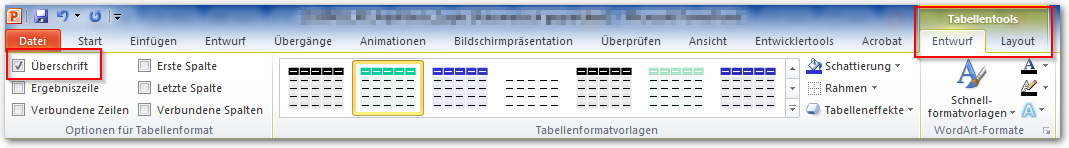 Screenshot: Tabellentools, aktiviertes Optionsfeld "Überschrift"