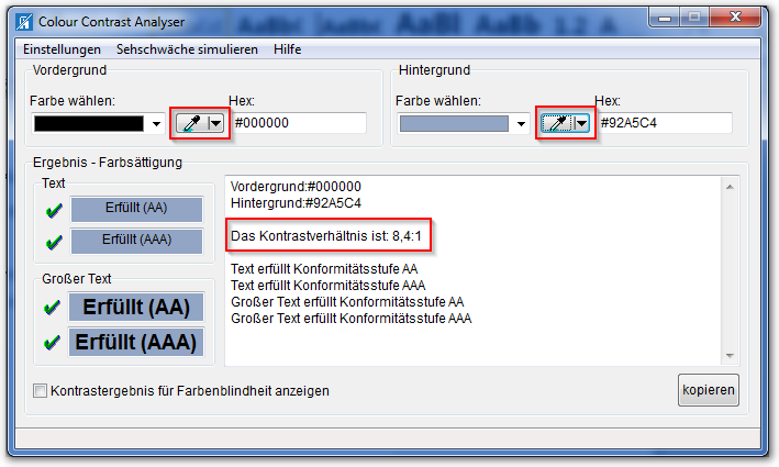 Screenshot Color Contrast Analyzer, Farbe für Vorder- und Hintergrund wählen, Kontrastverhältnis ablesen