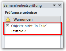 Screenshot Barrierefreiheitsprüfung Objekte nicht in Zeile