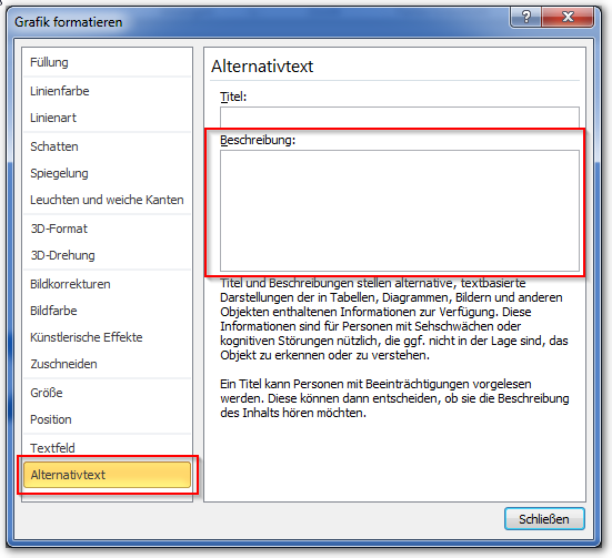 Screenshot: Dialog Grafik formatieren, Alternativtext, Beschreibung leer