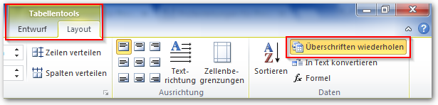 Screenshot Option "Überschriften wiederholen" aktiviert in Tabellentools, Layout