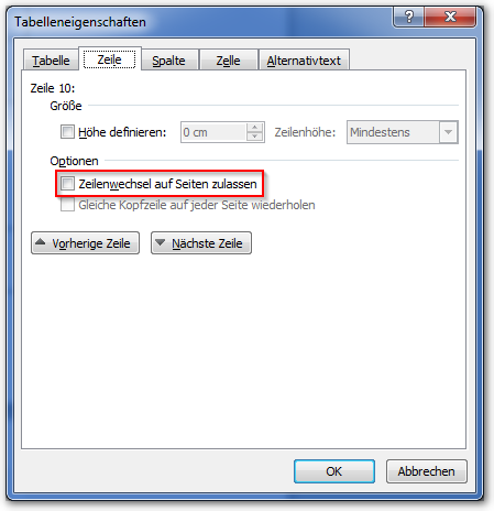 Screenshot Tabelleneigenschaften, Zeile, Option "Zeilenwechsel auf Seiten zulassen" deaktiviert