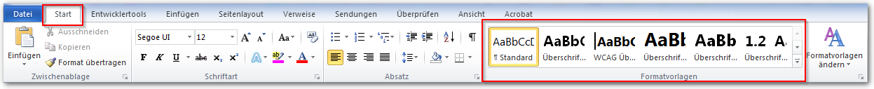 Screenshot Formatvorlagen unter Start