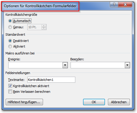 Screenshot Dialog Optionen für Kontrollkästchen-Formularfelder