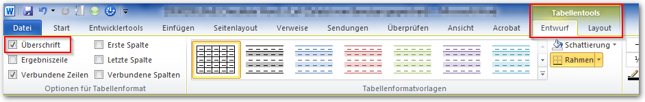 Screenshot Tabellentools, Entwurf, Optionsfeld "Überschrift" ausgewählt